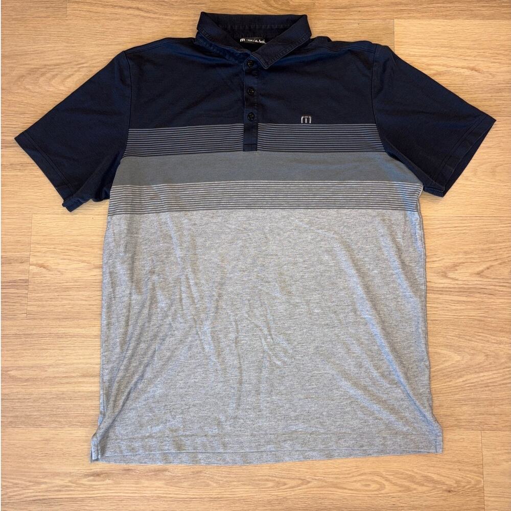 Travis Matthew Gray & Black short sleeve polo with striped chest mens size XL